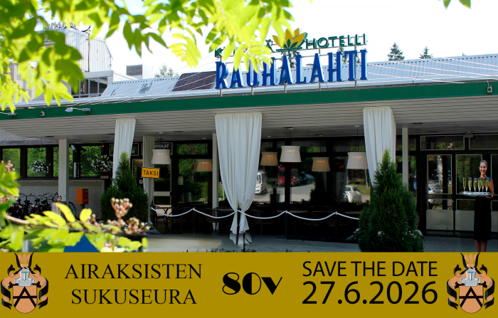 Airaksisten sukuseuran 80v Save the date kuvituskuva, juhlat on 27.6.2026